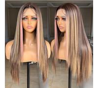 FABÉLLE Pink Lace Front Wig Glueless Wig Long Straight Wig for Women Pre Ripped with Baby Hair 26 Inch Pink Front Synthetic Wig with M