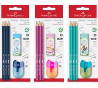 Faber Castell 3 x Graphite Pencil School Set, 1 x Happy Jungle Eraser and 1 x Quality Sharpening Box - HB - Random Pencil Colour on purchase