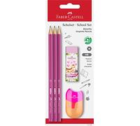 Faber Castell 3 x Graphite Pencil School Set, 1 x Happy Jungle Eraser and 1 x Quality Sharpening Box - HB - Random Pencil Colour on purchase