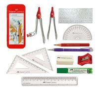 Faber-Castell Centroid 12 Pcs Maths Geometry Tin Set, Maths Compass Divider 180° Protractor 45° 60° Set Squares Sharpener Eraser Ruler 0.7mm Mechanical Pencil 2B Lead Refills, Student Exam Instruments
