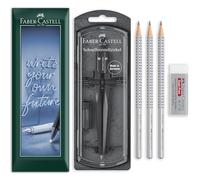 Faber-Castell Geometry & Drawing Set | Quick Set Compass, 3 HB Grip 2001 Graphite Pencils & Dust-Free Eraser Bundle | for Maths, Technical Drawing, Sketching | in Envelope Gift Packaging (Black Stone)