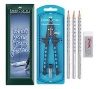 Faber-Castell Geometry & Drawing Set | Quick Set Compass, 3 HB Grip 2001 Graphite Pencils & Dust-Free Eraser Bundle | for Maths, Technical Drawing, Sketching | in Envelope Gift Packaging (Pearl Blue)
