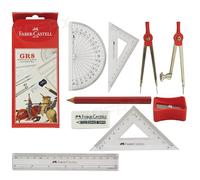 Faber-Castell GR8 Maths Geometry Tin Set, 9 Pcs Maths Compass Divider Protractor Set Squares Sharpener Eraser Ruler Pack, Student Exam Instrument Tin Case