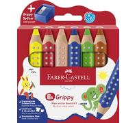 Faber-Castell Grippy 110635 Set of 6 Jumbo Colouring Pencils for Toddlers Easy-Wipe Washable Ergonomic Triangle Shape Thick Colouring Pencils 10 mm Thick Lead Sharpener Included