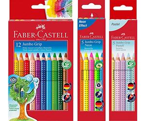 Faber-Castell - Jumbo Grip Colouring Pencils Cardboard Case 12 + 5 Jumbo Grip Neon Colours + 5 Pastel Colours