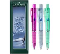 Faber-Castell Poly Ball View XB Ballpoint Pen - Retractable & Refillable - Extra Broad Nib Width - Aurora Coloured Triangular Barrels, Blue Ink - Pack of 3 Pens in Envelope Gift Packaging