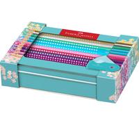 Faber-Castell Sparkle Colouring Pencils Set, Tin Turquoise, 20 Assorted Colours & 1 Sleeve Mini Sharpening Box