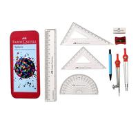 Faber-Castell Sphere 9 Pcs Maths Geometry Tin Set, Maths Compass Divider 180° Protractor 45° 60° Set Squares Sharpener Eraser 15cm Ruler Small Mechanical Pencil, Exam Student Instruments