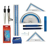 Faber-Castell Stellar 11 Pcs Maths Geometry Tin Set, Maths Compass Divider 180° Protractor 45° 60° Set Squares Sharpener Eraser 15cm Ruler 0.5mm Half Mechanical Pencil 2B Lead Refills