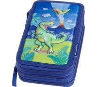 Faber-Castell - Triple Decker Empty Pencil Case with 3 Compartments with Lots of Storage Space and Wallet, for School and Everyday Use, Blue, 20x13x7 cm, Dino