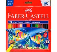 Faber-Castell Water Colour Pencils with Paint Brush, MULTICOLOUR, Box of 24, Triangular Grip, Draw Sketch Write, Pencil Colour Turns to Paint, School Home Classroom Use
