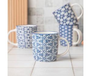 FabFinds Blue Geometric Ceramic Mug 350ml Mediterranean Pattern Glossy Glazed Drinkware with Traditional Tile Print, Dishwasher & Microwave Safe(H 9cmx W8cm) Assorted Designs (Starburst Tiles)