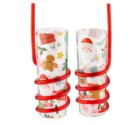 FabFinds Christmas Drinks Cup with Curly Straw Festive Gingerbread & Christmas Character Designs 400ml Reusable Kids Cup with Lid and Spiral Straw Fun Holiday Party Drinkware Pack of 2