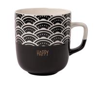 FABFINDS Monochrome Black & White Ceramic Mug 370ml Assorted Minimalist Designs, Stylish Stoneware Coffee Cup for Tea & Hot Drinks, Durable Glazed Finish, Gift-Ready Mug (Happy)