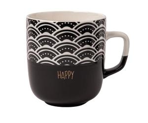 FabFinds Monochrome Black & White Ceramic Mug 370ml Assorted Minimalist Designs, Stylish Stoneware Coffee Cup for Tea & Hot Drinks, Durable Glazed Finish, Gift-Ready Mug (Happy)