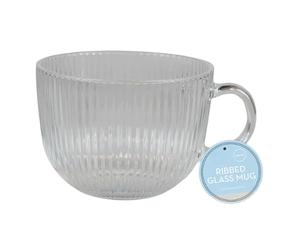 FabFinds Ribbed Glass Mug 500ml Clear Textured Hot Drink Cup with Handle Elegant Heat-Resistant Glass for Coffee, Tea, Latte & Hot Chocolate Home or Café Use Hand Wash Only