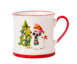 FabFinds Snowman Ceramic Mug 340ml Cute Holiday Coffee & Tea Cup with Christmas Print, Glazed Winter Drinkware Gift for Hot Chocolate, Cocoa or Seasonal Gifting Assorted Designs (Snowman by The Tree)