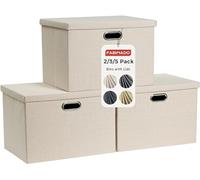 FABINADO 260g/m² Large Fabric Storage Boxes with Lids, Linenette Storage Baskets for Clothes & Toys, Odour Dispersal Process, 3mm Support Layer, Reinforced Edges, 3 Pack, Candlelit Beige
