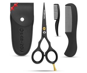 FABINOC® 5'' Beard and Moustache Scissors with Comb & Pouch - Eyebrow, Ear & Nose Small Hair Scissors - German Quality Stainless Steel Mustashe Grooming Kit (Black)