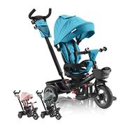 FableKids Noemi 5-in-1 Tricycle with Push Bar from 18 Months up to 25 kg, Forward and Reverse, PU Tyres, Freewheel Spacious, Basket, Bag, Drink Holder - Turquoise