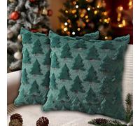 Fablet Cushion Covers 45x45cm Set of 2, Soft Plush Velvet Throw Pillow Cases with Embroidered Tree Detail, Cosy Winter Home Decor for Sofa Living Room Bedroom, Forest Green