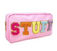Fablinks Nylon Cosmetic Bag with Chenille Letter Patches, Pink, 9" Stuff