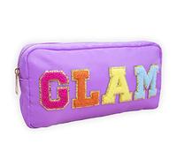 Fablinks Preppy Stuff Bag, Chenille Varsity Letter Makeup Pouch, Nylon Skin Care Zipper Patch Bags Organizer for Women, Travel Make Up Skincare Cosmetic Stocking Stuffers, Purple, 9", Glam-purple