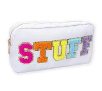 Fablinks Preppy Stuff Bag, Chenille Varsity Letter Makeup Pouch, Nylon Skin Care Zipper Patch Bags Organizer for Women, Travel Make Up Skincare Cosmetic Stocking Stuffers, White, 9", Stuff-white Multi