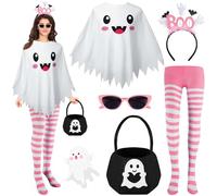Fabllewavi 5 Pcs Pink Ghost Costume Accessories Kits for Women - Include Ghost Boo Headband/Sunglasses/Poncho/Candy Bag and Striped Tights for Girly Halloween Trick & Treat Cosplay