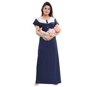 Fabme Women's Hosiery Cotton, Nursing, Feeding, Maternity Nighty - Zip Opening at Bust - Before and After Baby Multipurpose Night Dress, Navy Blue, One Size