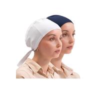 FabNest Women Hijab Undercap Islamic Muslim Under Scarf Hats Bonnet with Tie Back Non-Slip Breathable and Snug-Fit, White + Navy Blue (2pcs), One Size