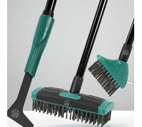 Faboer 4 in 1 Telescopic Weed Remover Brush Wire Head Paving Decking Clean Scrub Moss Weed Remover Tool Wire Brush Scraper Set with Metal Broom & Weed Removal Head Green