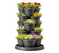 Faboer 5-Tier Stackable Vertical Garden Planter with Base - Vertical Self-Watering Plant Tower Strawberry, Herb & Vegetable Tower for Indoor & Outdoor Use - Grey