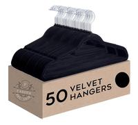 Faboer Velvet Coat Hangers - Pack of 50 Black | with Tie Hanger | NonSlip Design | Jackets & Trousers | Flocked Slimline | Space Saving Clothes Organisers