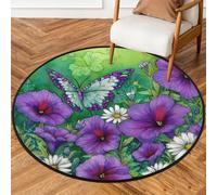 Fabpuro 3ft Round Area Rugs for Living Bedroom Nursery, Washable Circle Rug, Non Slip Floor Carpet for Home Decor Spring Purple Petunias Floral Butterfly Art