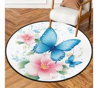 Fabpuro 3ft Round Area Rugs for Living Bedroom Nursery, Washable Circle Rug, Non Slip Floor Carpet for Home Decor Beautiful Flowers Blue Butterflies