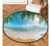 Fabpuro 3ft Round Area Rugs for Living Bedroom Nursery, Washable Circle Rug, Non Slip Floor Carpet for Home Decor Ocean Beach Waves Blue Coastal Sky