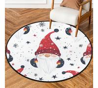 Fabpuro 5ft Christmas Round Area Rugs for Living Bedroom Nursery, Washable Circle Rug, Non Slip Floor Carpet for Home Decor Christmas Red Gnome Stars