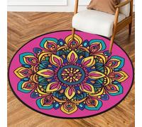 Fabpuro 5ft Round Area Rugs for Living Bedroom Nursery, Washable Circle Rug, Non Slip Floor Carpet for Home Decor Boho Mandala Lotus Floral On Purple