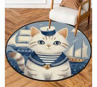 Fabpuro 5ft Round Area Rugs for Living Bedroom Nursery, Washable Circle Rug, Non Slip Floor Carpet for Home Decor Cute Cartoon Nautical Sailors Cat