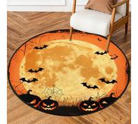 Fabpuro 5ft Round Area Rugs for Living Bedroom Nursery, Washable Circle Rug, Non Slip Floor Carpet for Home Decor Halloween Orange Full Moon Pumpkin Bats