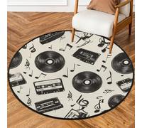Fabpuro 5ft Round Area Rugs for Living Bedroom Nursery, Washable Circle Rug, Non Slip Floor Carpet for Home Decor Vintage Music Notes 1950s Records