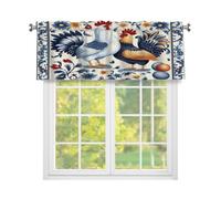 Fabpuro Blue Boho Floral Rooster Window Valance for Kitchen,Rod Pocket Short Curtains Window Treatment Panel for Home Decor,Blue,54x18inch