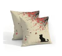 Fabpuro Outdoor Waterproof Throw Pillow Covers 40x40cm Set of 2 Japanese Cherry Blossom Black Cat On Retro Pillowcases Decorative Cushion Cases for Patio Garden Tent Couch Sofa