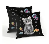Fabpuro Outdoor Waterproof Throw Pillow Covers 50x50cm Set of 2 Cute Tabby Kitten Cat Fish On Black Pillowcases Decorative Cushion Cases for Patio Garden Tent Couch Sofa