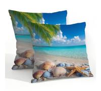 Fabpuro Outdoor Waterproof Throw Pillow Covers 55x55cm Set of 2 Coastal Beach Starfish Palm Tree Blue Sky Pillowcases Decorative Cushion Cases for Patio Garden Tent Couch Sofa