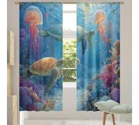 Fabpuro Voile Curtains for Living Room Bedroom Windows 78''Drop 2 Panels Rod Pocket Semi Transparent Sheer Curtain Ocean Underwater World Turtle Jellyfish Net Curtain Drapes,55x84inx2