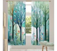 Fabpuro Voile Curtains for Living Room Bedroom Windows 84''Drop 2 Panels Rod Pocket Semi Transparent Sheer Curtain Cartoon Forest Tree Flower Scene Arts Net Curtain Drapes,55x84inx2