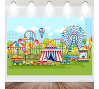 Fabric 5x3ft Cartoon Amusement Park Backdrop Carnival Circus Tents Ferris Wheel Roller Coaster Trains Cars Playground Background Kids Baby Shower Birthday Party Decor Banner Photo Props