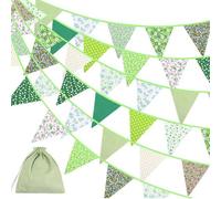 Fabric Bunting Banner, 42PCS Outdoor Bunting Cotton, 39.3ft Reusable Fabric Bunting Decorations, Floral Triangle Flags for Christmas Garden Birthday Party Outdoor Hanging Decoration(Green)